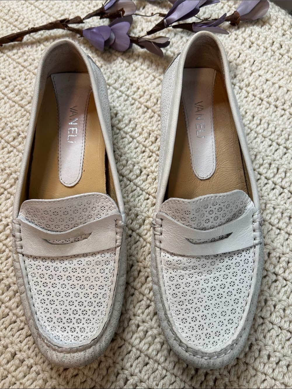 Vaneli Perforated Leather Penny Loafers in Light Gray
